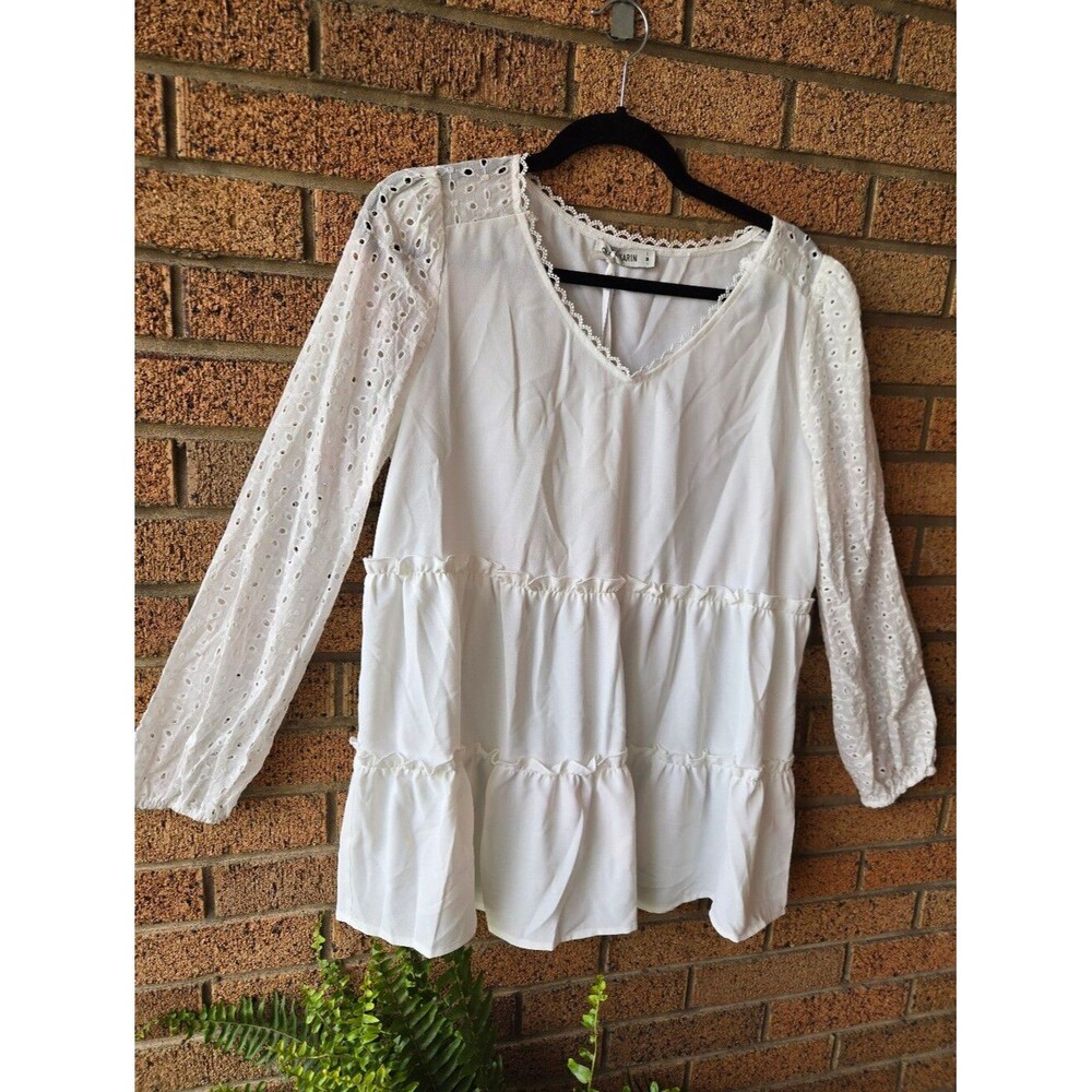 NWT Grace Karin White Eyelet Long Sleeve Tiered Tunic Top - Size M
